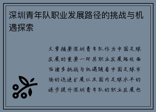 深圳青年队职业发展路径的挑战与机遇探索 深圳青年队职业发展路径的挑战与机遇探索