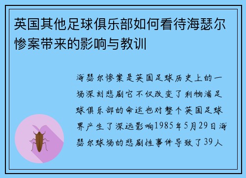 英国其他足球俱乐部如何看待海瑟尔惨案带来的影响与教训 英国其他足球俱乐部如何看待海瑟尔惨案带来的影响与教训