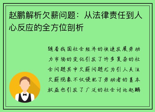 赵鹏解析欠薪问题:从法律责任到人心反应的全方位剖析 赵鹏解析欠薪问题:从法律责任到人心反应的全方位剖析